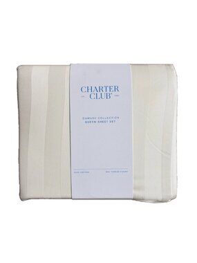 new in pkg NATURAL STRIPE Charter Club Damask 550 TC 100% Cotton QUEEN Sheet Set